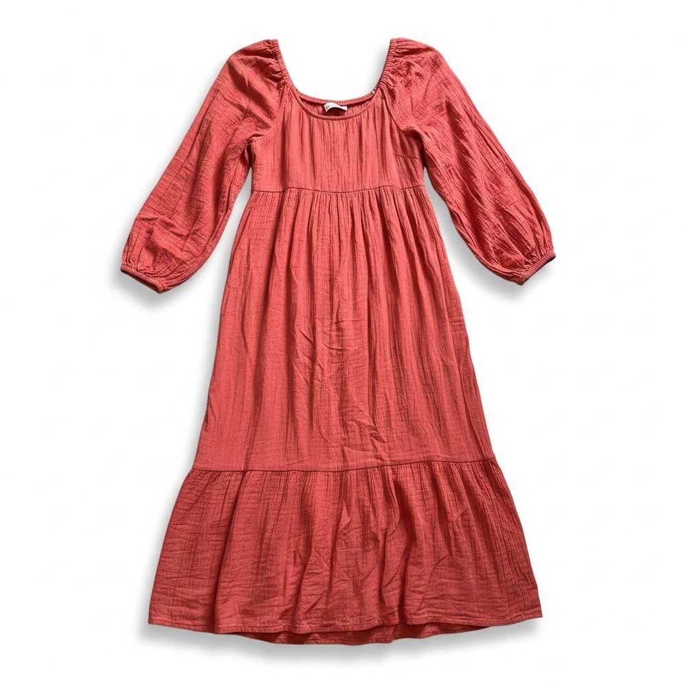 Milkmaid Cottagecore Coral Cotton Maxi Dress Smocked Puff Sleeve Boho Size M